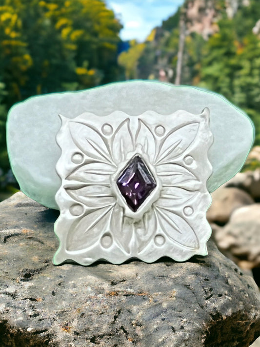 Princess Flower with Diamond Shaped Amethyst CZ .9999 Fine Silver Pendant
