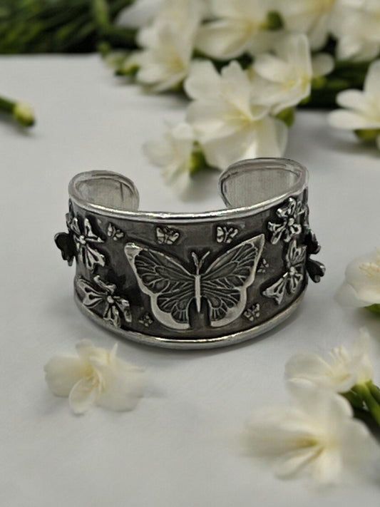 Butterfly and Flower Sterling Silver Cuff